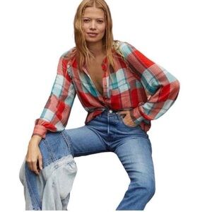 Anthropologie Pilcro Breezy Button Down Red Blue Plaid Buffalo Top Blouse XL